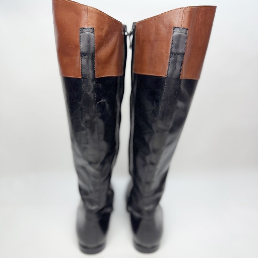 Womens Two Tone Black and Brown Leather Tall Riding Boots Side Zip Low Heel - Picture 4 of 12